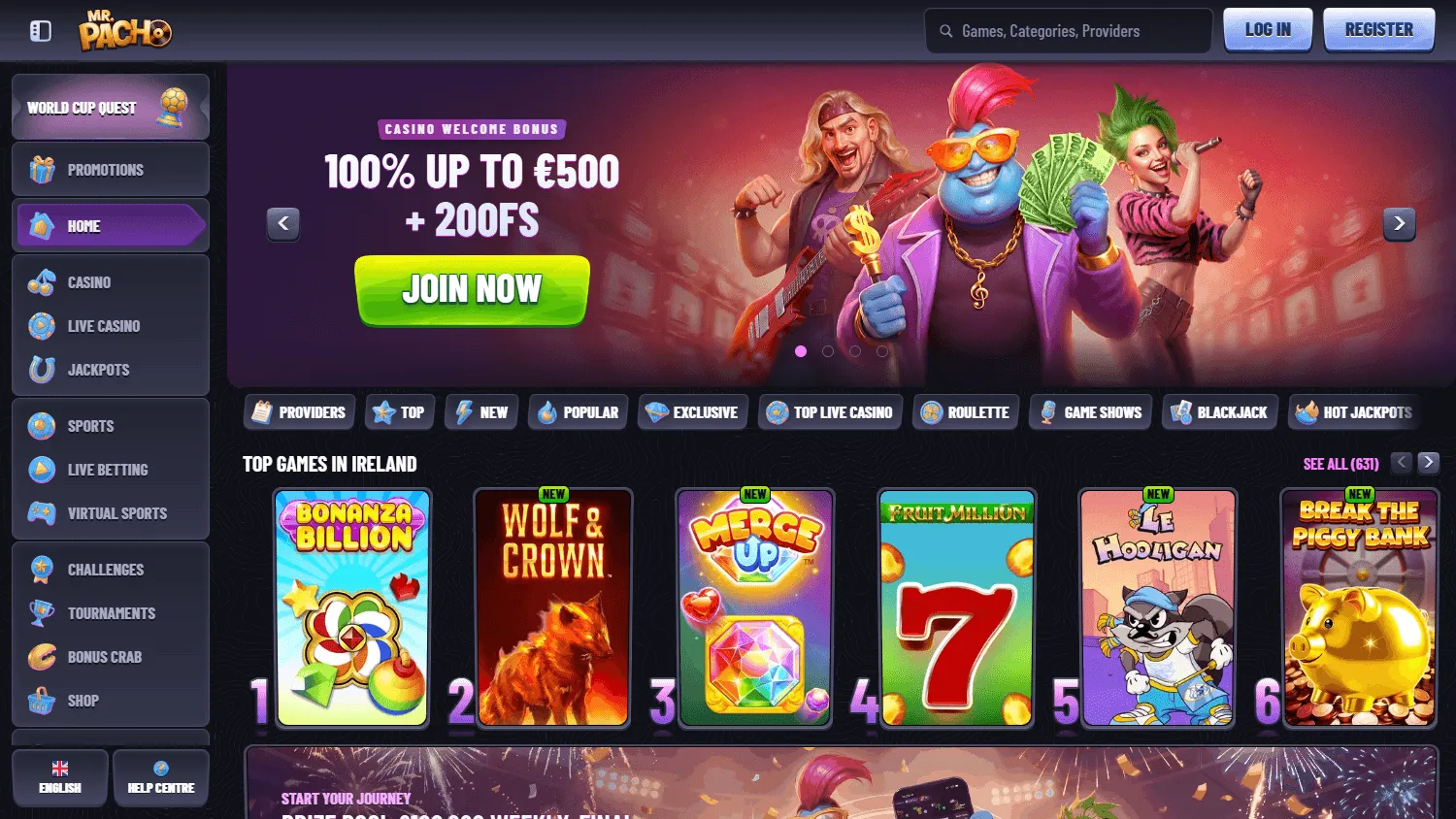 Mr Pacho Casino home on desktop