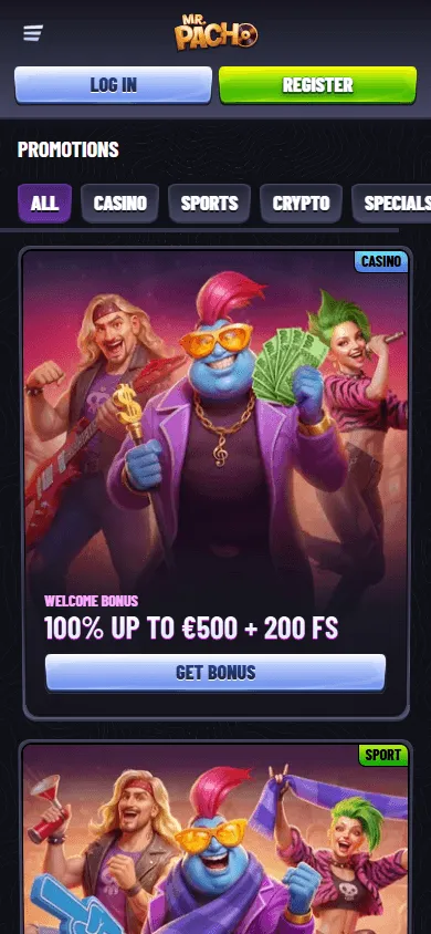 Mr Pacho Casino promotions area on a mobile browser