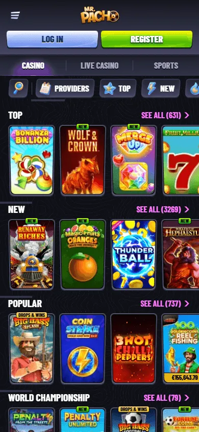 Mr Pacho Casino games area on a mobile browser