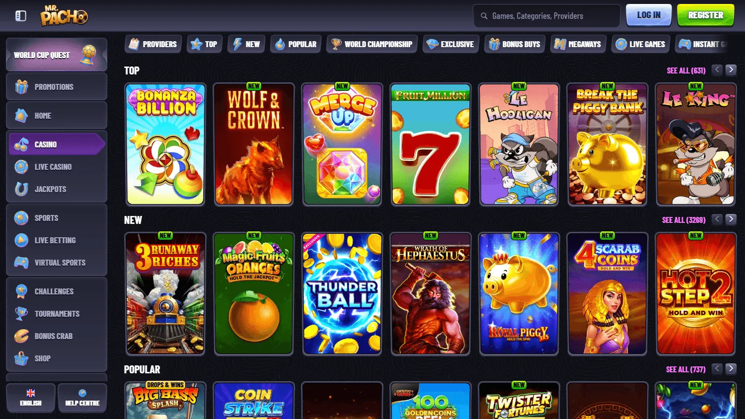 Mr Pacho Casino games area on desktop